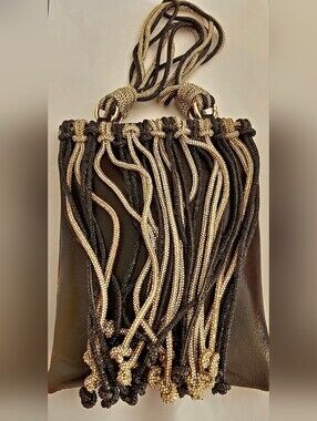 Fringed Drawstring Evening Bag in Black and Gold